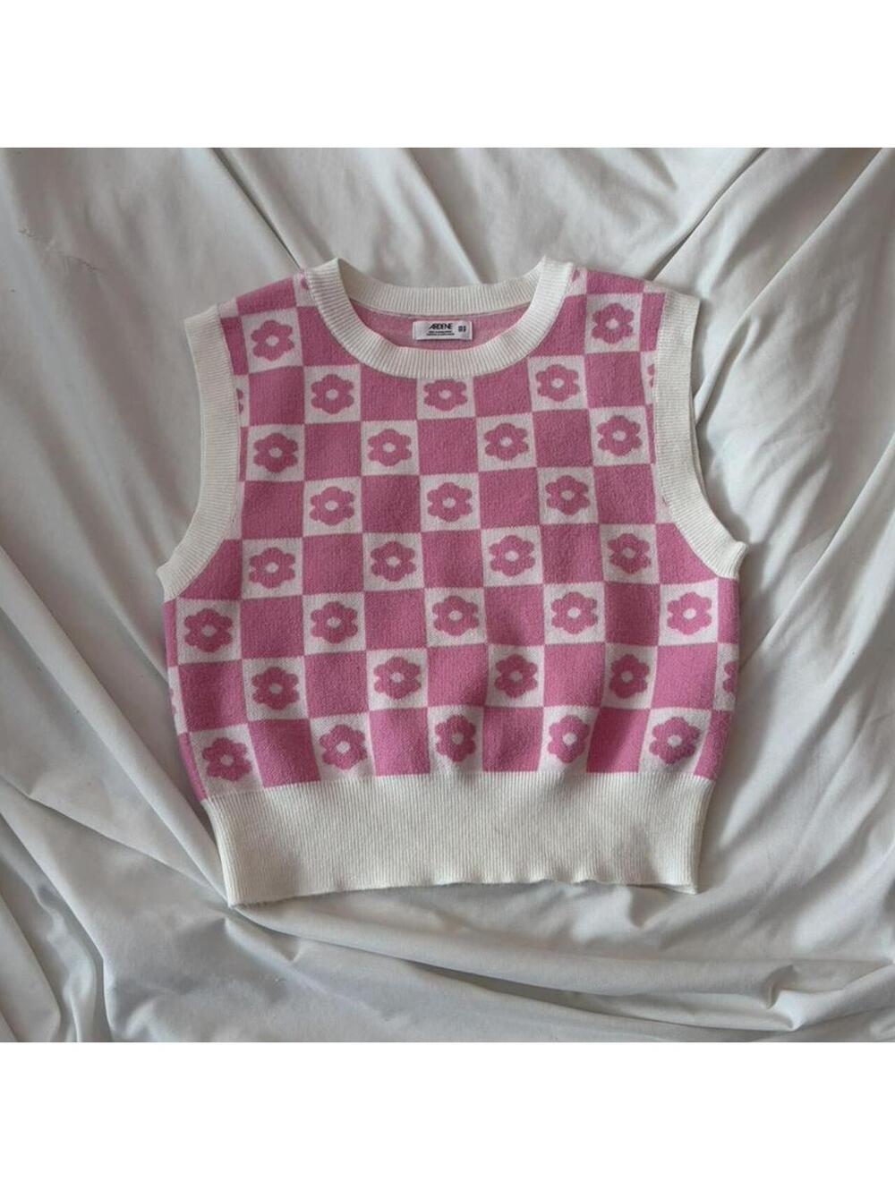 Ardene pink and white checkerboard sweater vest